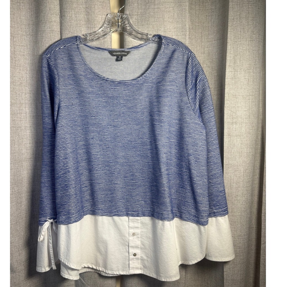 Alexander Jordan Women 2X Blue Striped Mixed Media Layered Tie Sleeve Top